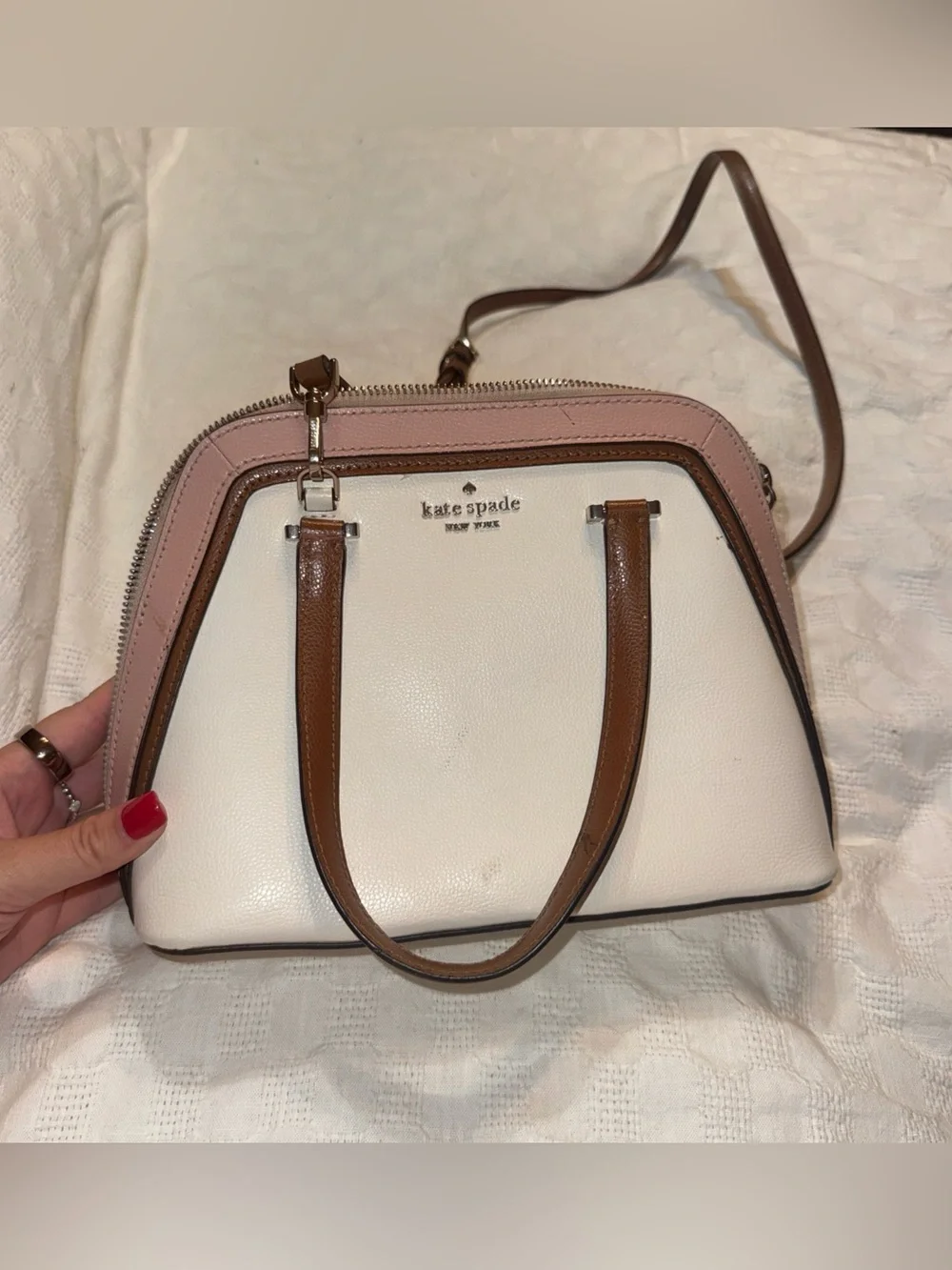 kate spade Pink and White Leather Dome purse with adjustable cross body strap
